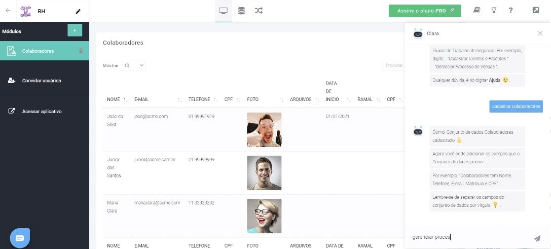 Plataforma no-code da VTB: módulo de RH criado em conversa com a Clara