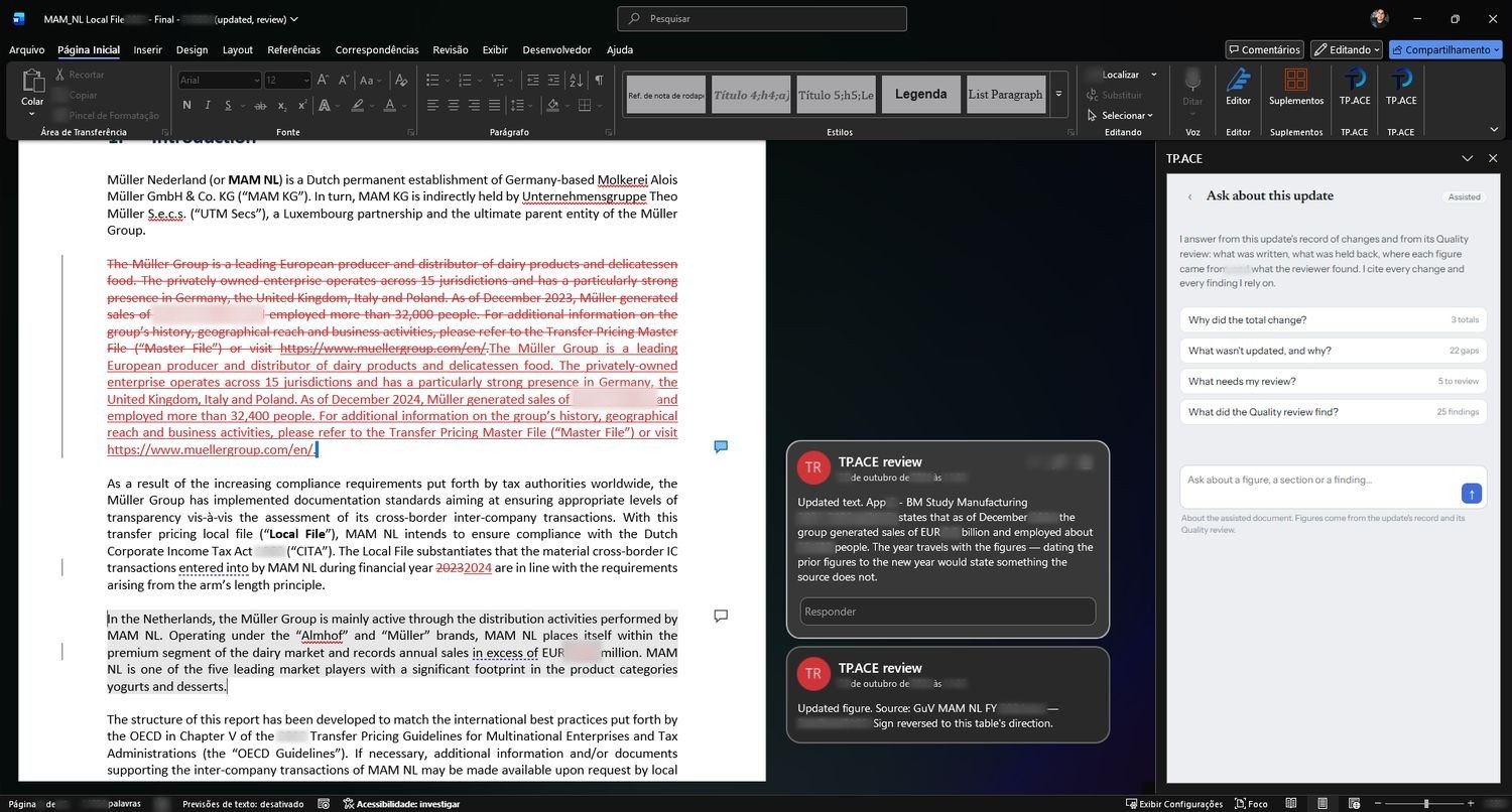 Word com o add-in TP.ACE: alterações rastreadas, comentários com a fonte e painel de perguntas